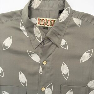 Baracuta Button Up Shirt Men Medium Grey BA-007 Short Sleeve Rayon Leaf Print